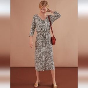 NWOT Des Petits Hauts Floral Button-Front V-Neck Midi Dress Black/White Sz Xs-S